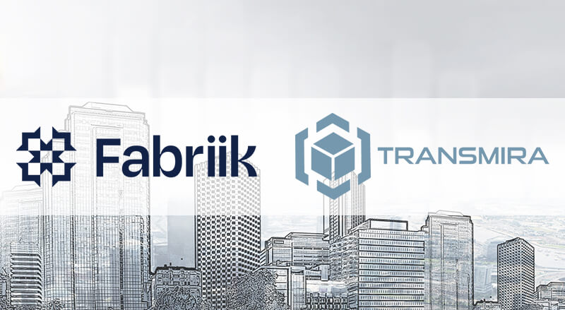 Fabriik and Transmira logo over digital cityscape on new Omniscape XR Metaverse
