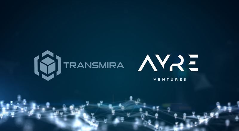 Transmira and Ayre ventures logo over nodes and waves background on their multi-million-dollar seed funding round via Ayre Ventures