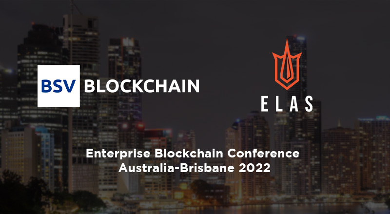 BSV Blockchain and Elas Logo over Brisbane Skyline for the Australia event