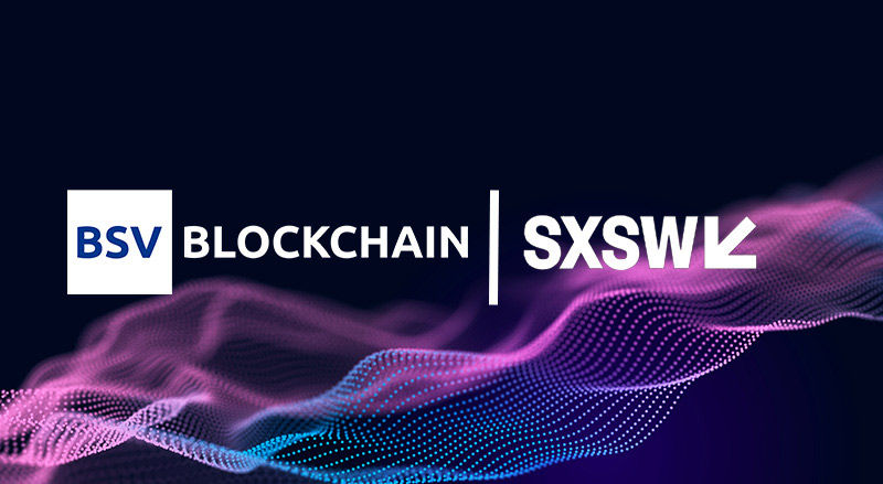 BSV Blockchain and SXSW logo over dot wave background for BSV Blockchain ‘Democratise Music’ panel at SXSW 2023