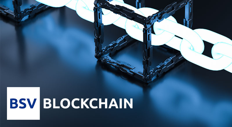 BSV Blockchain logo over chain passing through hollow block