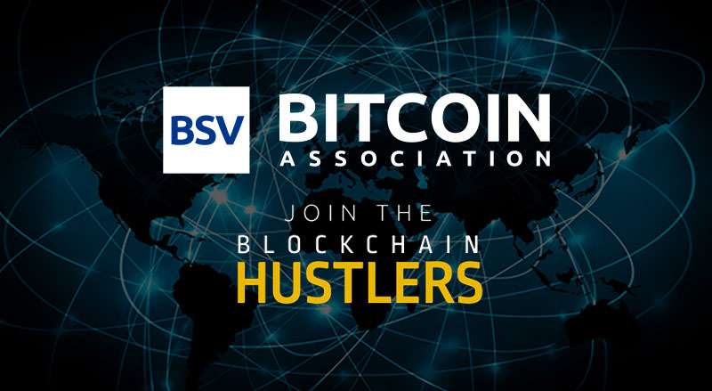 BSV Bitcoin Association and Blockchain Hustlers over connected world concept depicting a world economy