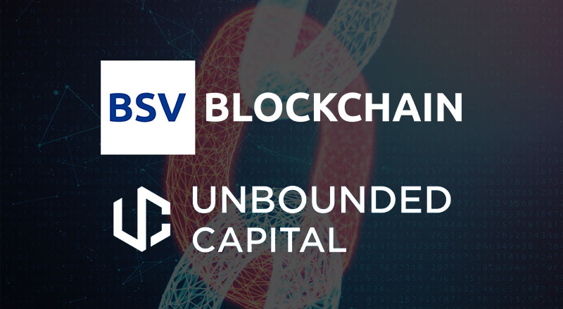 BSV Blockchain and Unbounded Capital Logo over red blockchain