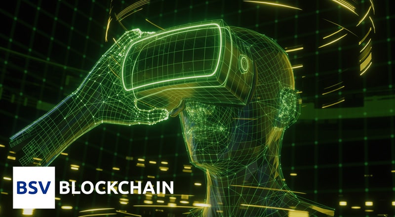 BSV Blockchain logo over digital man wearing VR tech representing developers and the metaverse