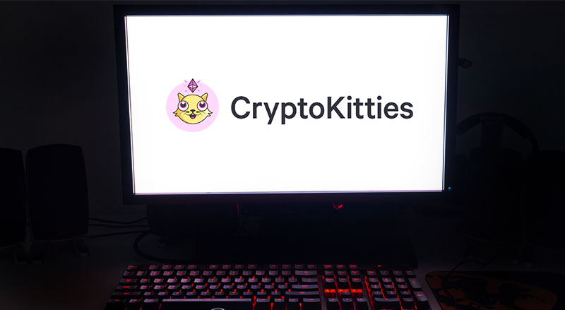 Laptop screen showing logo and case of Cryptokitties