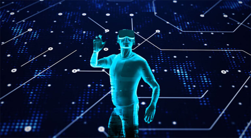 Man wearing virtual reality gear in digital space showing an immersive experience in the blockchain space