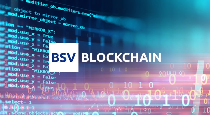 BSV Blockchain logo over coding and binary language concept background representing triple entry accounting