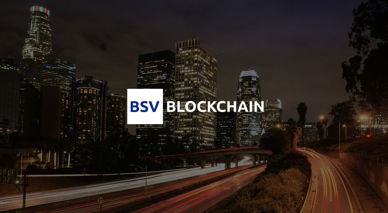 BSV Blockchain logo over nighttime skyline for BSV Southern California event