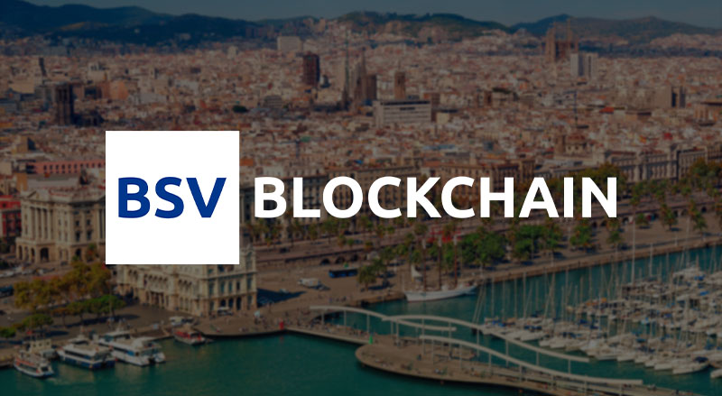 BSV Blockchain Logo over Barcelona Skyline for the Democracy4All summit in Barcelona