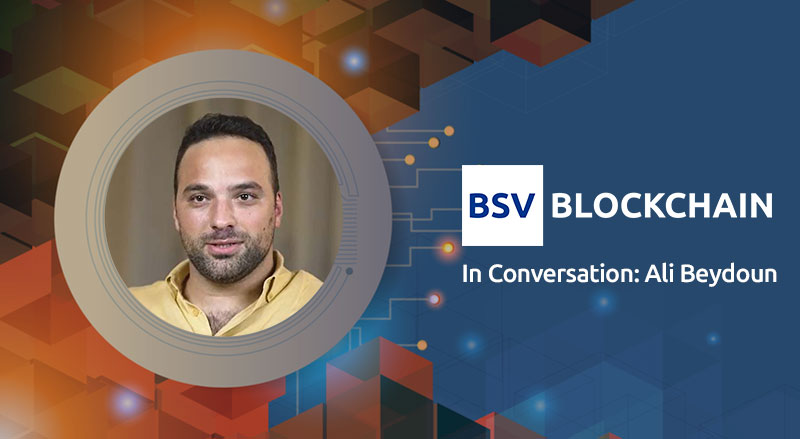 BSV Blockchain logo over in conversation with Ali Beydoun poster
