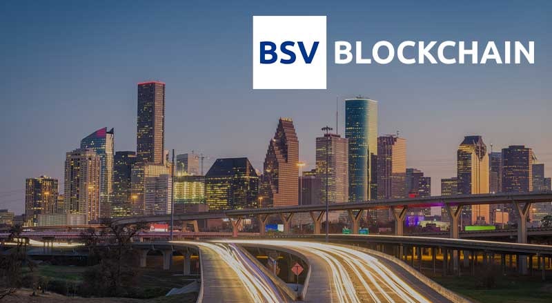 BSV Blockchain logo over Texas night skyline for Unbounded Capital event in Texas