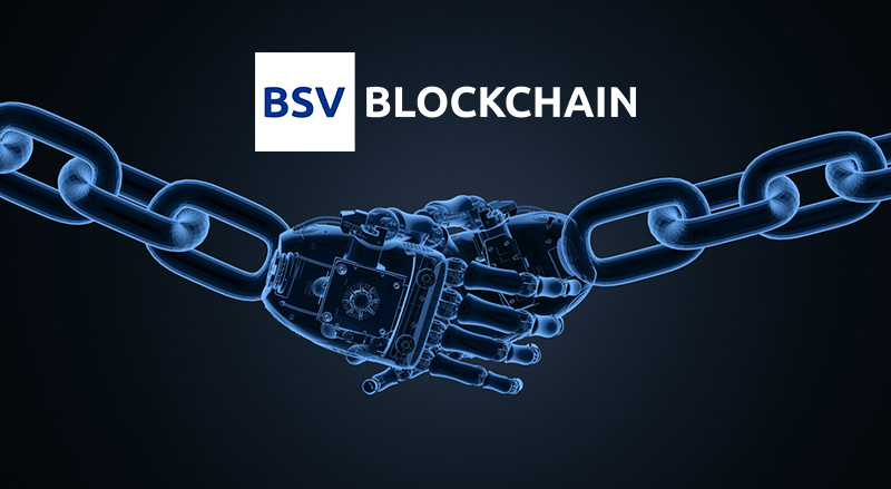 BSV Blockchain logo over digital hands in chains shaking in agreement representing government integrity through blockchain