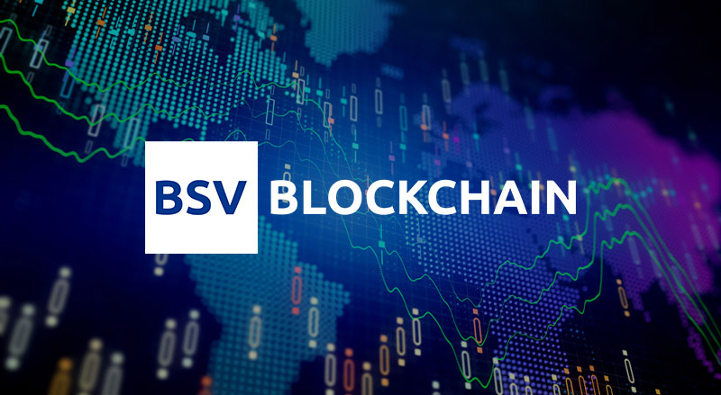 BSV Blockchain logo with tech and map background for restoring trust in financial markets