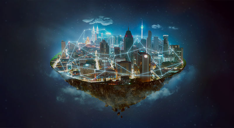 Concept of digital city floating in the sky