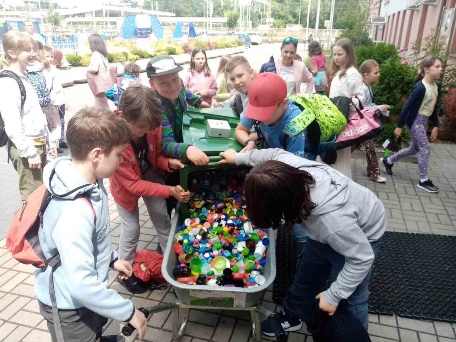 Students gathering for a giveaway in school